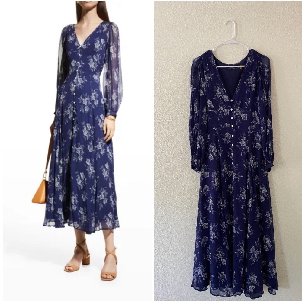 Polo Ralph Lauren Blue Floral Print Chiffon Blouson Sleeve Maxi Dress